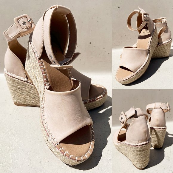 NEW Sand Nude Faux Leather Ankle Buckle Strap Espadrille Platform Wedge Sandals - Picture 8 of 13